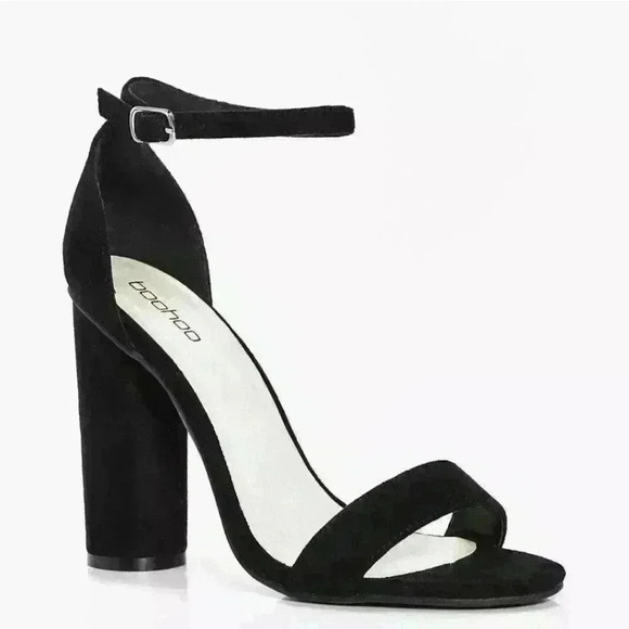Boohoo Women's Louise Cylinder Block Two Part Black Vegan Heels Sz 7 US - Picture 1 of 4